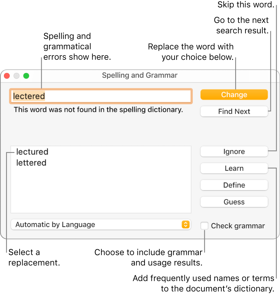 The Spelling and Grammar window.