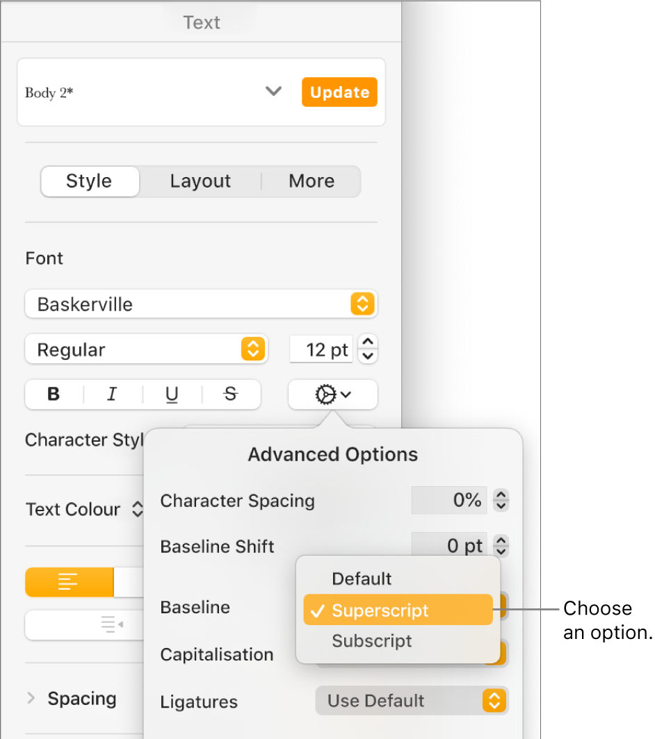 The Advanced Options menu with the Baseline pop-up menu open and showing Default, Superscript and Subscript menu items.