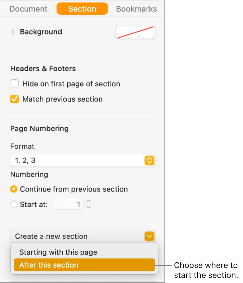 The Document sidebar with the Section tab selected. Near the bottom of the sidebar is a “Section starts on” pop-up menu and a “Create a new section” pop-up menu.