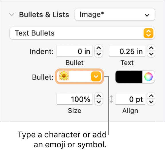 The Bullets & Lists section of the Format sidebar. The Bullet field shows a flower emoji.