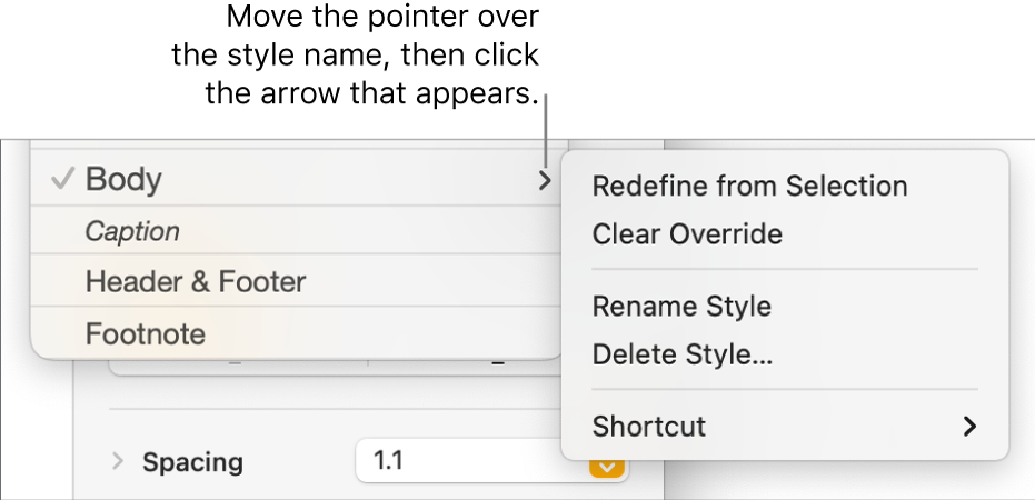 The Paragraph Styles menu with the shortcut menu open.