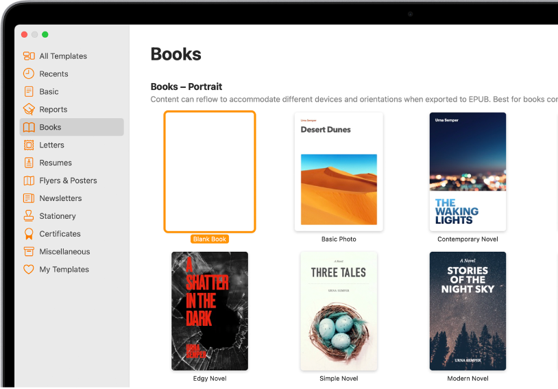 The template chooser with Books selected in the category list on the left, and book templates in portrait orientation on the right.