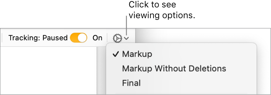 The review options menu showing Markup, Markup Without Deletions, and Final.