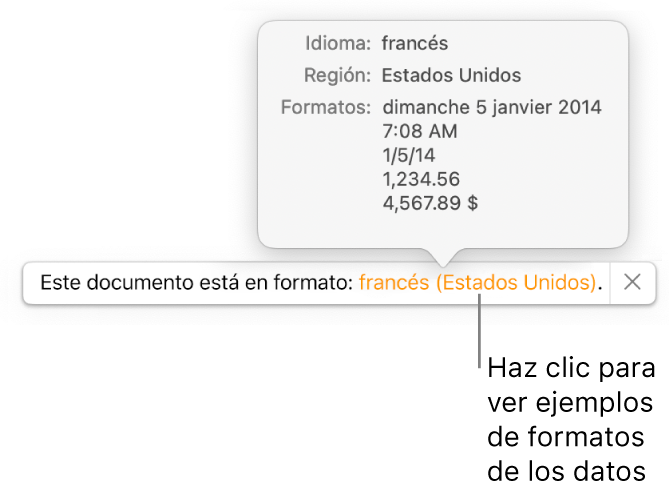 La notificación del ajuste de idioma y formato distinto, con ejemplos del formato en ese idioma y región.