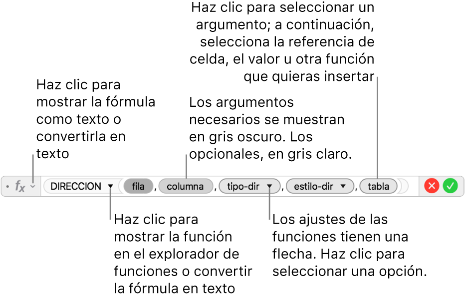 Editor de fórmulas con la función DIRECCION y sus identificadores de argumentos.