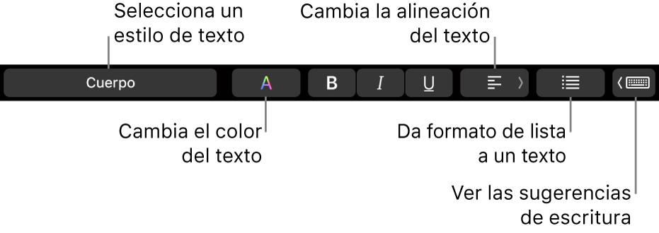 La Touch Bar del MacBook Pro con controles para elegir un estilo de texto, cambiar el color del texto, cambiar la alineación del texto, dar formato de lista al texto y mostrar las sugerencias de escritura.