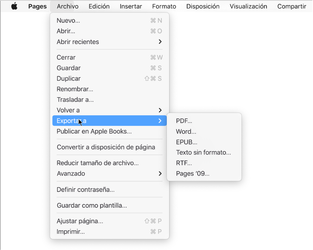 El menú Archivo abierto con “Exportar a” seleccionado y las opciones de exportación PDF, Word, “Texto sin formato”, RTF, EPUB, y Pages ’09 en su submenú.