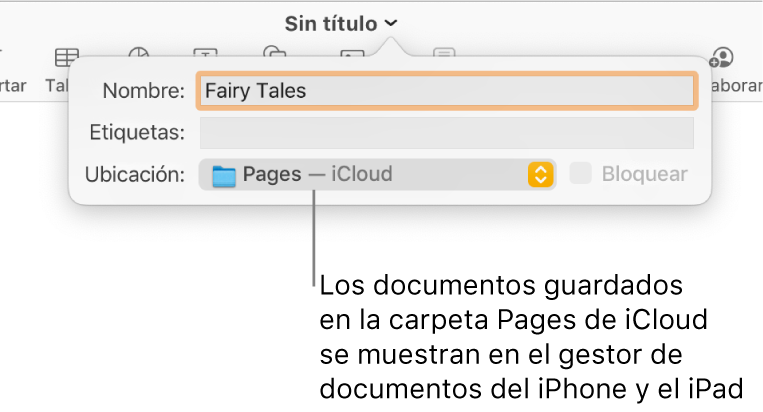 El cuadro de diálogo Guardar de un documento abierto con “Pages — iCloud” se encuentra en el menú desplegable Dónde.
