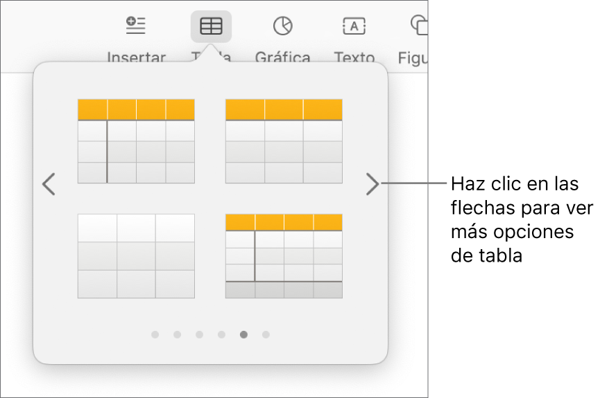El menú “Añadir tabla” con flechas de navegación.
