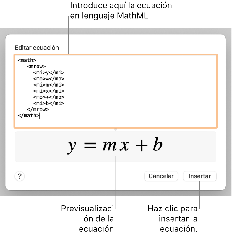 La ecuación de la pendiente de una recta en el campo “Editar ecuación” y la previsualización de la fórmula a continuación.