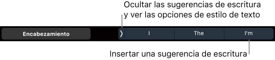 La Touch Bar del MacBook Pro con controles para elegir un estilo de texto, ocultar las sugerencias de escritura e insertar las sugerencias de escritura.