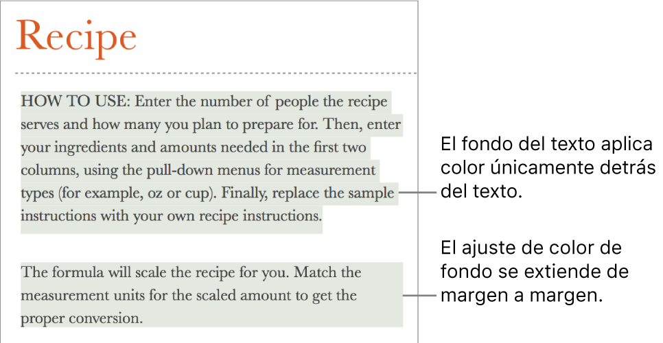 Un párrafo con color únicamente detrás del texto y un segundo párrafo con color por detrás que se extiende de margen a margen en un bloque.