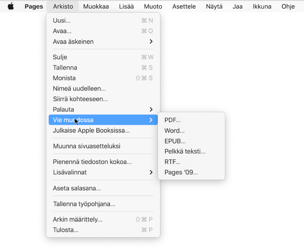 Arkisto-valikko avoinna Vie muodossa ‑kohdassa ja alivalikko, jossa näkyy vientivaihtoehdot PDF, Word, Pelkkä teksti, RTF, EPUB ja Pages '09.