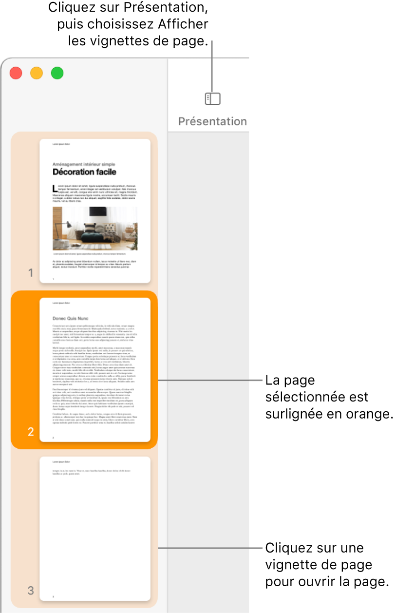 La barre latérale du côté gauche de la fenêtre Pages avec présentation en vignettes de page et une page sélectionnée en surbrillance orange foncé.