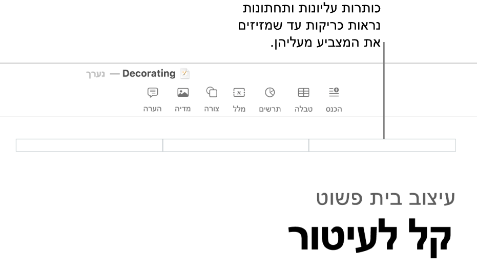שלושה שדות כותרת עליונה מעל הכותרת של המסמך.