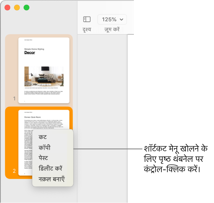 एक चुने गए थंबनेल और खुले शॉर्टकट मेनू के साथ पृष्ठ थंबनेल दृश्य।