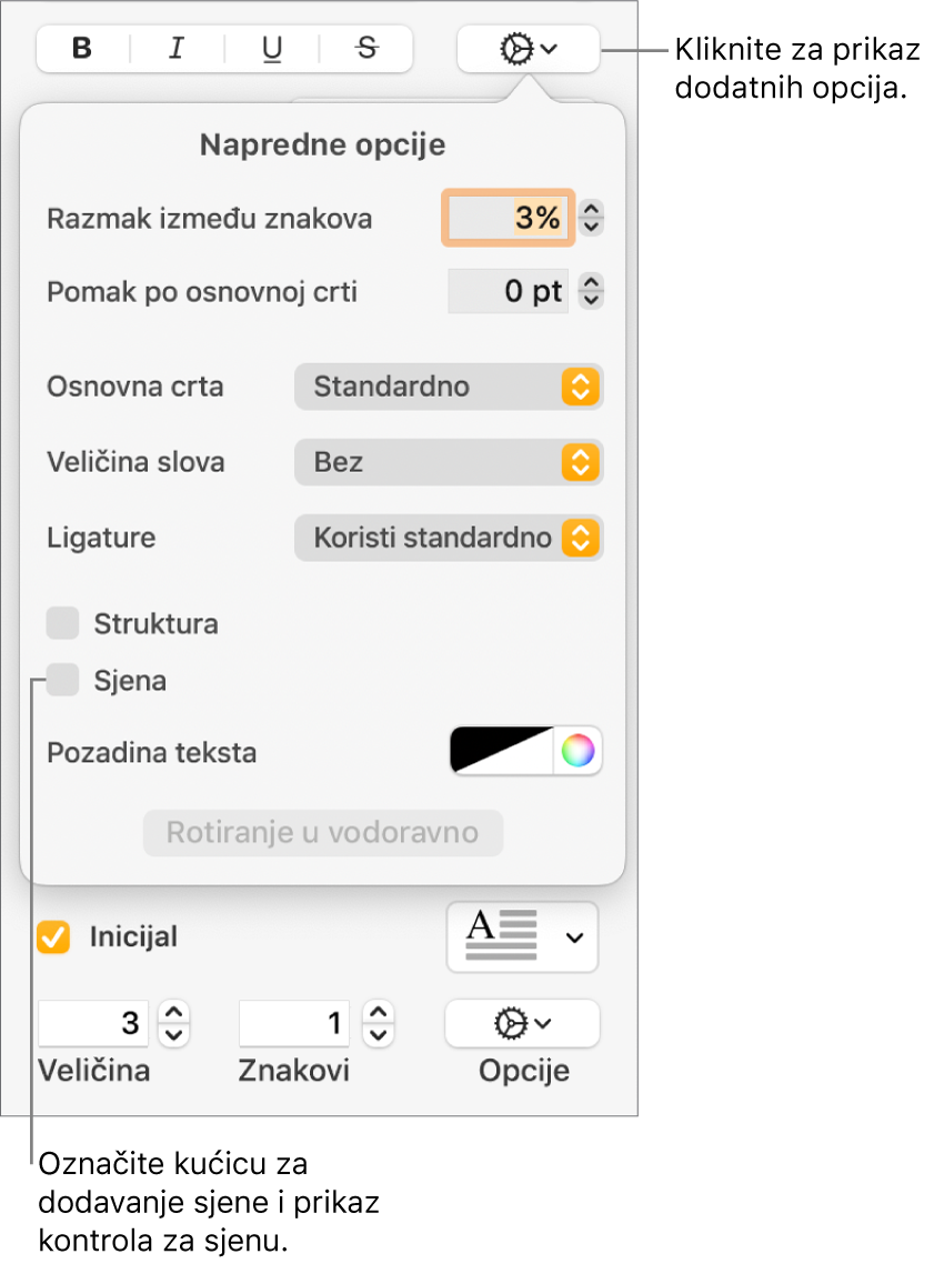 Otvoreni izbornik Napredne opcije s označenom kućicom Sjene i kontrolama za namještanje zamagljenja, odmaka, neprozirnosti, kuta i boje.