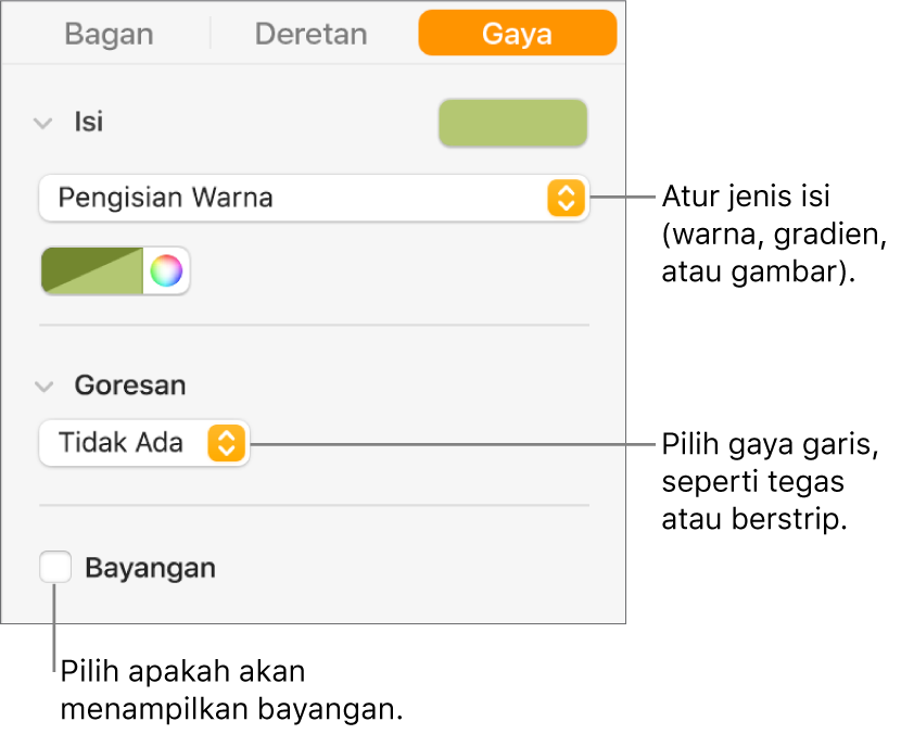 Kontrol untuk mengubah tampilan deretan data.