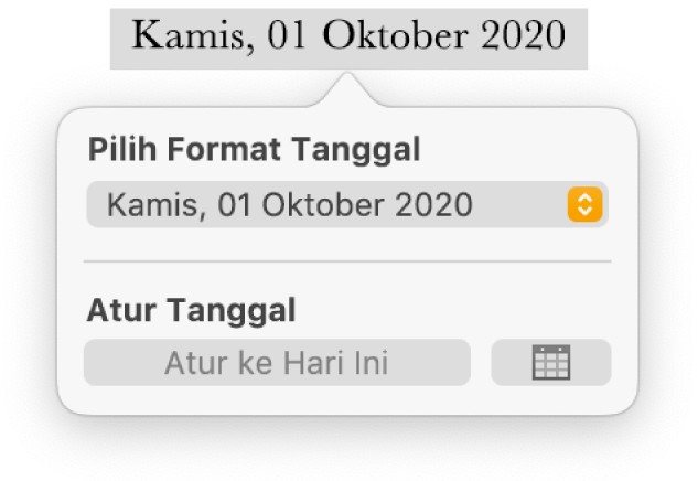 Kontrol Tanggal & Waktu menampilkan menu pop-up untuk format tanggal dan tombol Atur menjadi Hari Ini.
