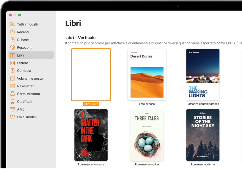 “Scelta modelli” con la categoria Libri selezionata nell’elenco delle categorie sulla sinistra e modelli per libri con orientamento verticale sulla destra.