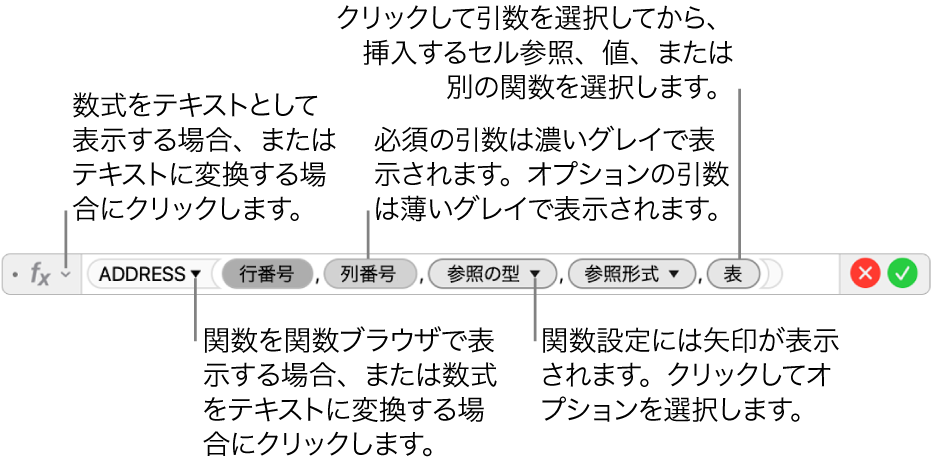 数式エディタ。ADDRESS関数とその引数トークンが表示された状態。