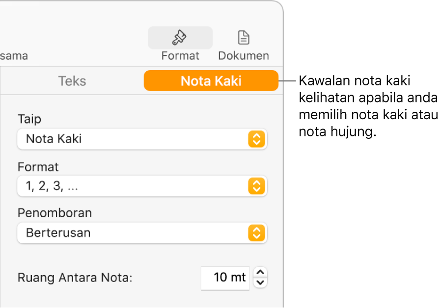 Anak tetingkap Nota Kaki menunjukkan menu timbul untuk Jenis, Format, Penomboran dan ruang antara nota.