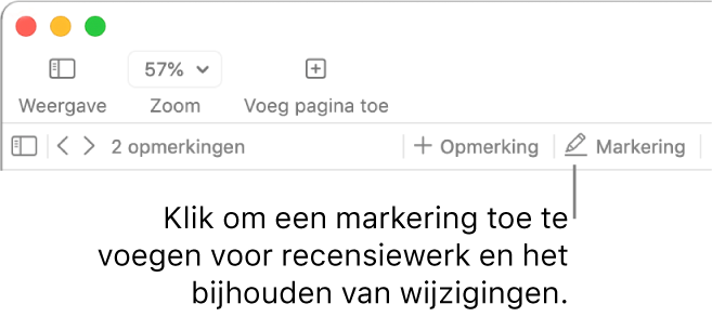 De menubalk met het Voeg in-menu en daaronder de Pages-knoppenbalk met controlefuncties en uitleg bij de markeerknop.