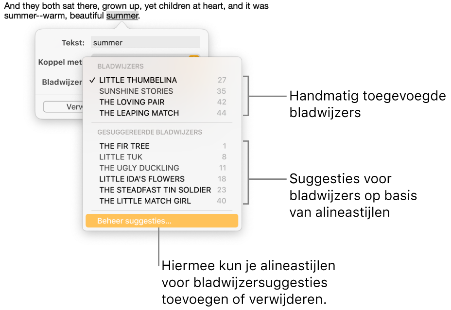 De lijst met bladwijzers met bovenaan de handmatig toegevoegde bladwijzers en daaronder de bladwijzersuggesties. Helemaal onderaan staat de optie 'Beheer suggesties'.