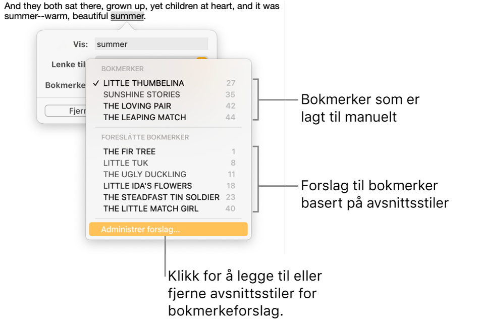 Bokmerkelisten med bokmerker som er manuelt lagt til, øverst, og foreslåtte bokmerker nedenfor. Administrer forslag-alternativet er nederst.