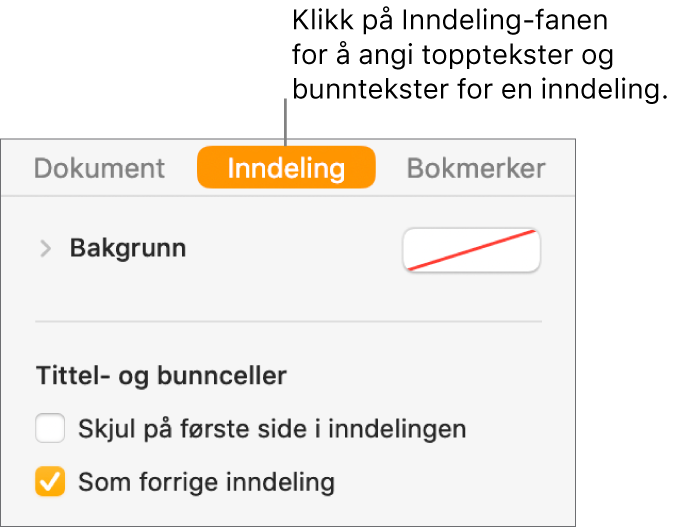 Dokument-sidepanelet med Inndeling-fanen øverst i sidepanelet markert. Topptekst og bunntekst-delen i sidepanelet har avkrysningsruter ved siden av «Skjul på første side i inndelingen» og «Som forrige inndeling».
