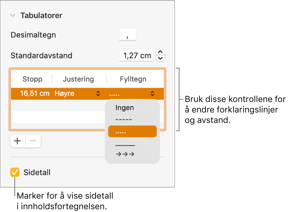 Tabulatorer-delen i Format-sidepanelet. Under Standardavstand er det en tabell med Stopp-, Justering- og Fylltegn-kolonner. En Sidetall-avkrysningsrute er markert og vises under tabellen.