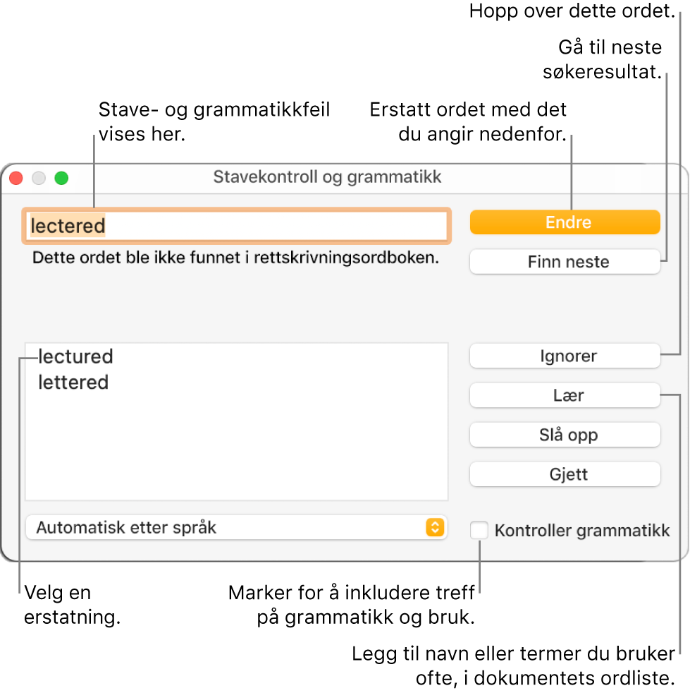 Stavekontroll og grammatikk-vinduet.