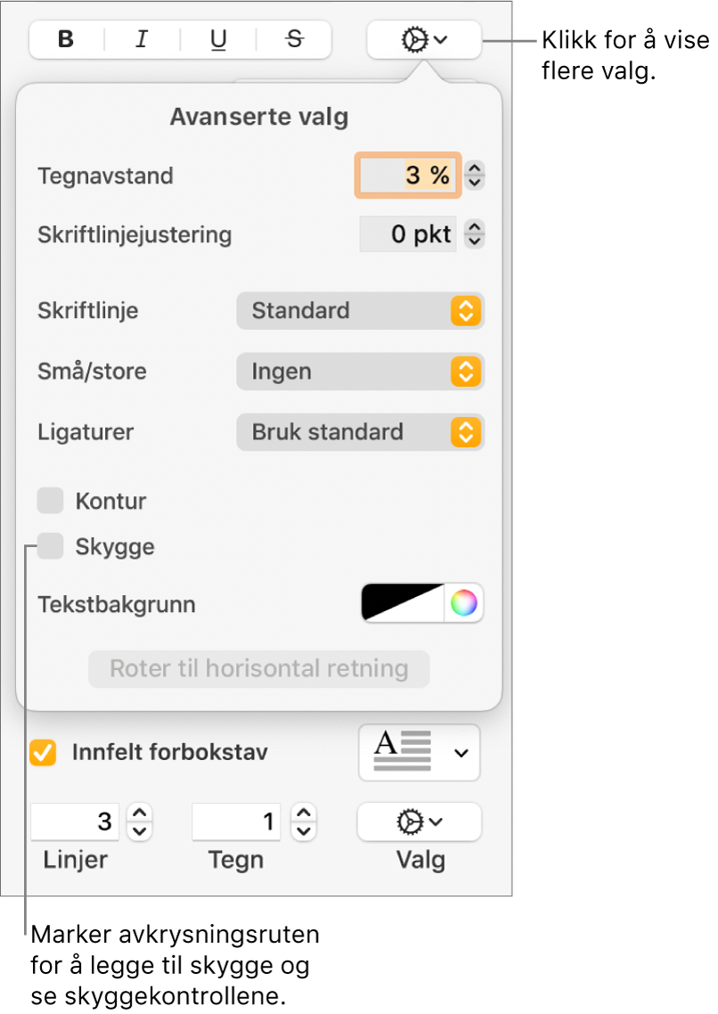 Avanserte valg-menyen åpen med Skygger-avkrysningsruten markert og kontroller for å angi uskarphet, forskyvning, opasitet, vinkel og farge.