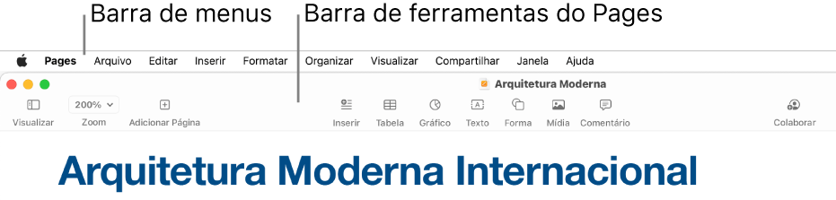 Barra de menus na parte superior da tela com os menus Apple, Pages, Arquivo, Editar, Inserir, Formatar, Organizar, Visualizar, Compartilhar, Janela e Ajuda. Abaixo da barra de menus está um documento do Pages aberto com botões da barra de ferramentas ao longo da parte superior: Visualizar, Zoom, Adicionar Página, Inserir, Tabela, Gráfico, Texto, Forma, Mídia e Comentário.