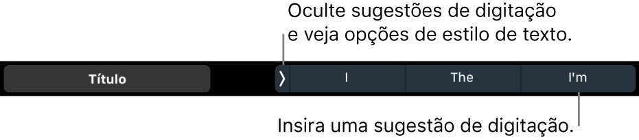 Touch Bar do MacBook Pro, com controles para escolher um estilo de texto, ocultar sugestões de digitação e inserir sugestões de digitação.