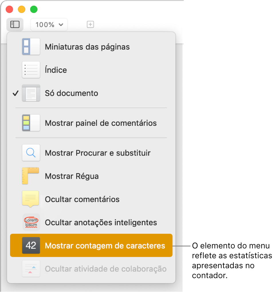 O menu Visualização aberto com “Mostrar contagem de caracteres” perto da parte inferior.