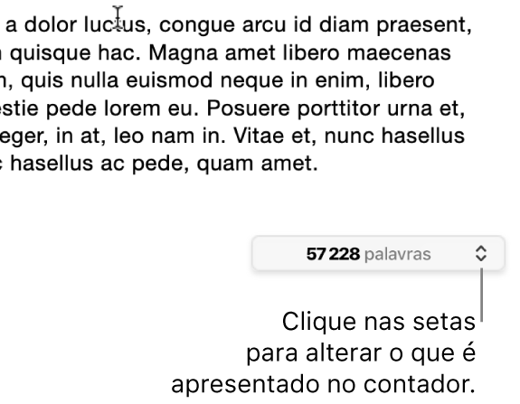 O menu de contagem de palavras a mostrar o número de palavras no documento.