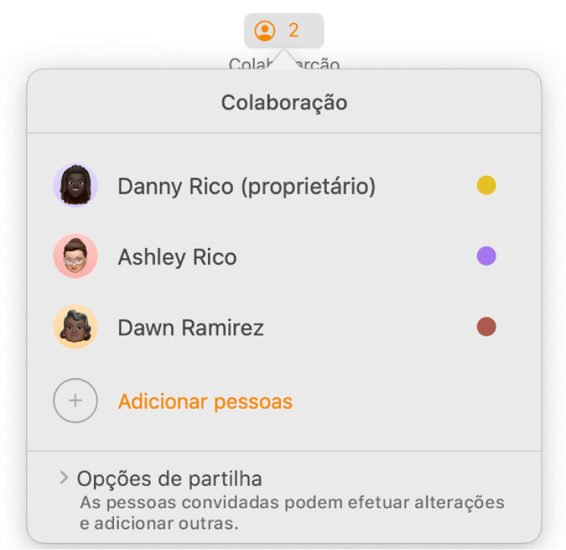 O menu Colaboração a apresentar os nomes das pessoas que estão a colaborar no documento. As opções de partilha estão por baixo dos nomes.