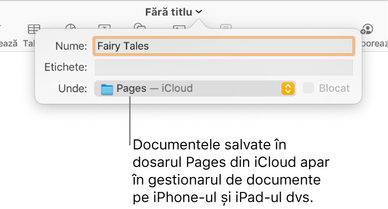 Dialogul Salvează aferent unui document cu Pages—iCloud în meniul pop-up Unde.