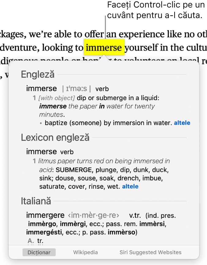 Un paragraf cu un cuvânt evidențiat și o fereastră care afișează definiția acestuia și informații de lexicon. Butoanele din partea de jos a ferestrei oferă linkuri către dicționar, Wikipedia și site-uri web sugerate de Siri.
