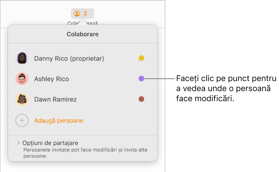 Lista de participanți cu trei participanți și un punct cu o culoare diferită în dreapta fiecărui nume.