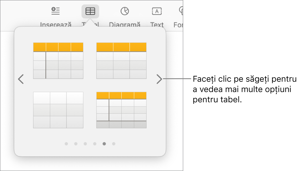 Meniul Adaugă tabel, cu săgeți de navigare.
