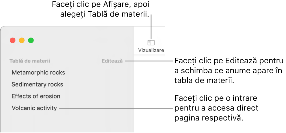 Tabla de materii din partea stângă a ferestrei Pages, cu butonul Editează în colțul dreapta sus al barei laterale și intrările dintr-o listă a tablei de materii.