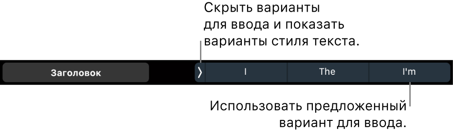 Панель Touch Bar на MacBook Pro. Отображаются элементы управления для выбора стиля текста, скрытия подсказок при вводе и вставки подсказок при вводе.