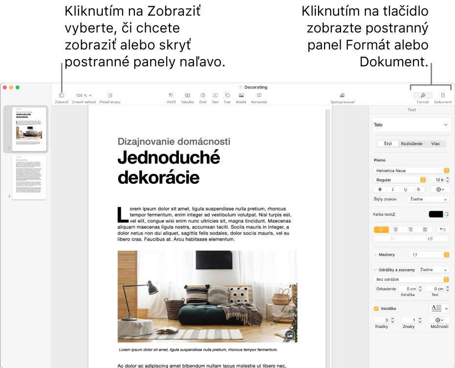 Okno Pages s textovými bublinami na tlačidle menu Zobraziť a tlačidlách Formát a Dokument na paneli s nástrojmi. Postranné panely sú otvorené na ľavej a pravej strane.