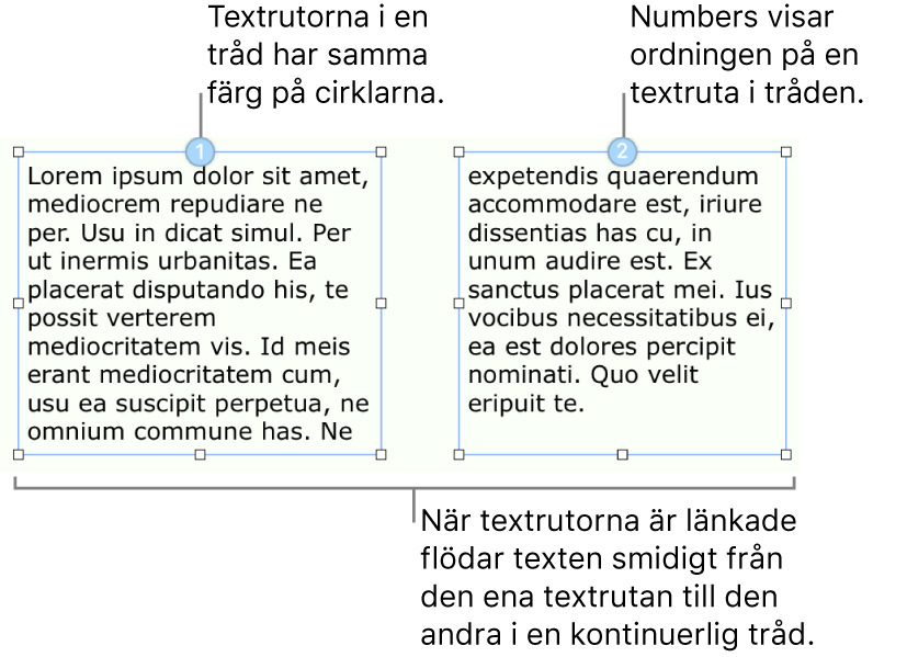 Två textrutor med blå cirklar högst upp och siffrorna 1 och 2 i cirklarna.