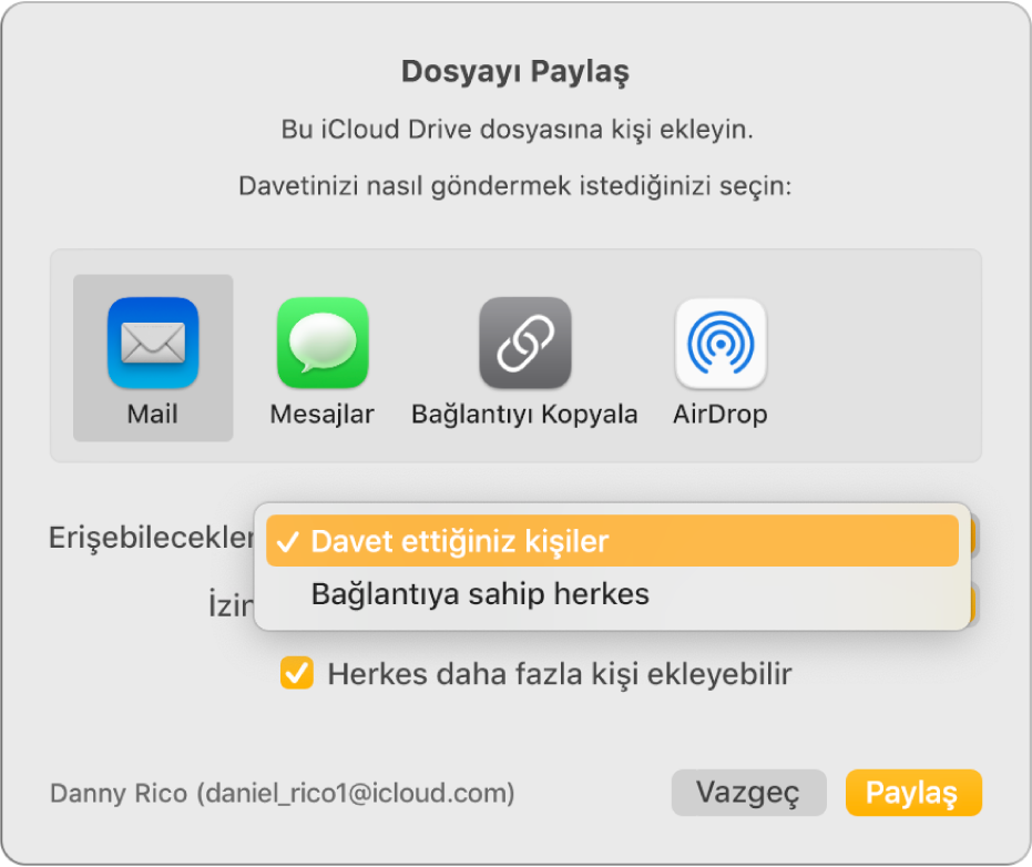 “Erişebilecekler” açılır menüsü açık ve “Davet ettiğiniz kişiler” seçeneği seçilmiş olan ortak çalışma sorgu kutusu.