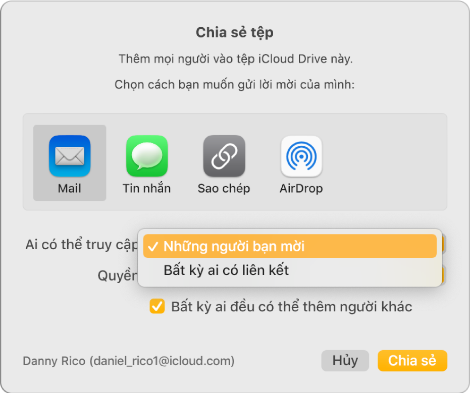 Hộp thoại cộng tác có menu “Ai có thể truy cập” bật lên đang mở và “Những người bạn mời” được chọn.