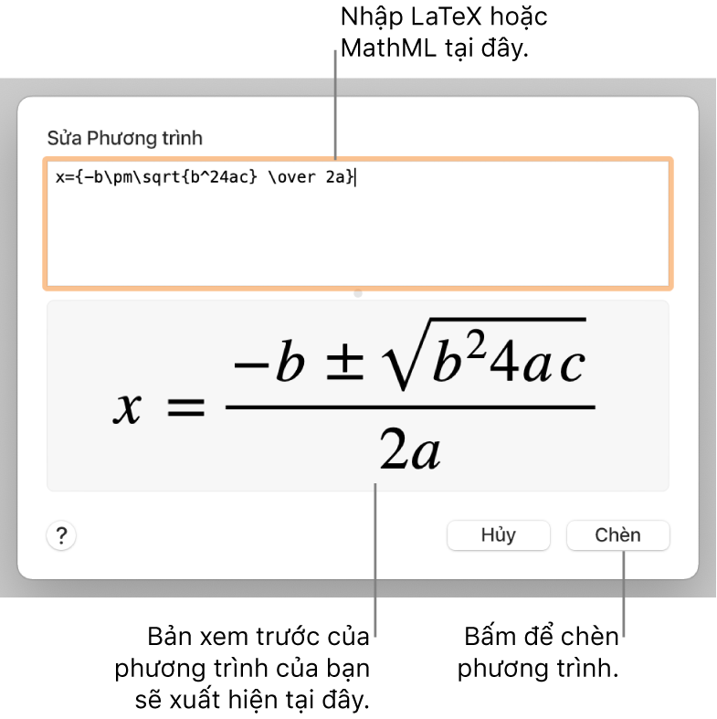 Hộp thoại Sửa phương trình, đang hiển thị công thức bậc hai được viết bằng LaTeX trong trường Sửa phương trình và bản xem trước của phương trình ở bên dưới.