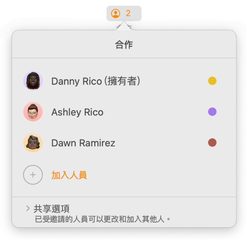 「合作」選單，顯示合作編輯文件的人員名稱。分享選項顯示在名稱下方。
